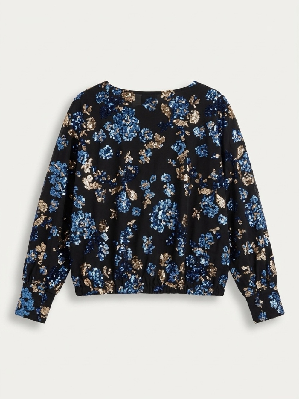 Trina Turk Black Sequin Floral Pullover with Blue and Gold Accents